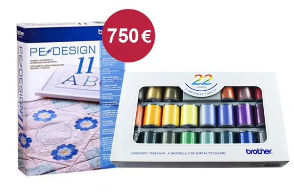 Recevez en cadeau une boîte de 22 fils à broder Brother ETS22N (valeur 105,95€) et bénéficiez également de l'offre sur le logiciel Pe-Design 11 au prix de 750€ au lieu de 1599€