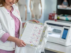 un grand cadre de broderie magnétique avec motif géométrique réalisé sur la Brother BX1e Expedition